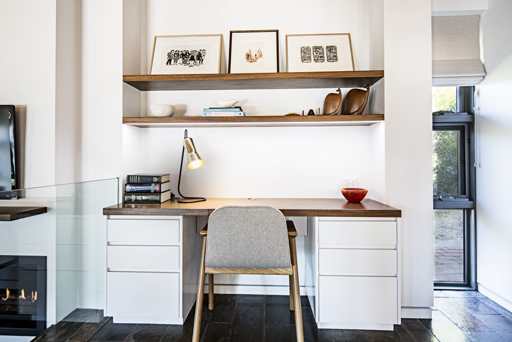 Study desk with brass lamp