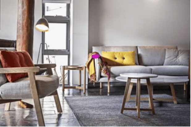 Pops of colour, living area, contemporary design, lighting, slate floor