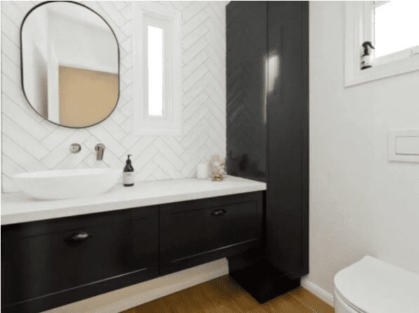 Tile design, black cabinetry, contemporary bathroom