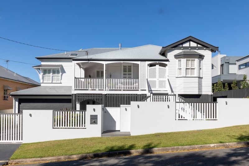 Hamptons exterior modern queenslander grey and white brisbane home queensland home hamptons style