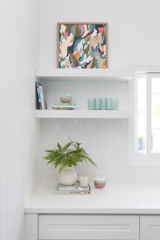 Bella Vie Interiors White Kitchen open shelving hamptons kitchen queenslander