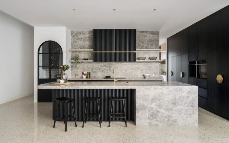 birghton home marble timber battens gold handles open shelving