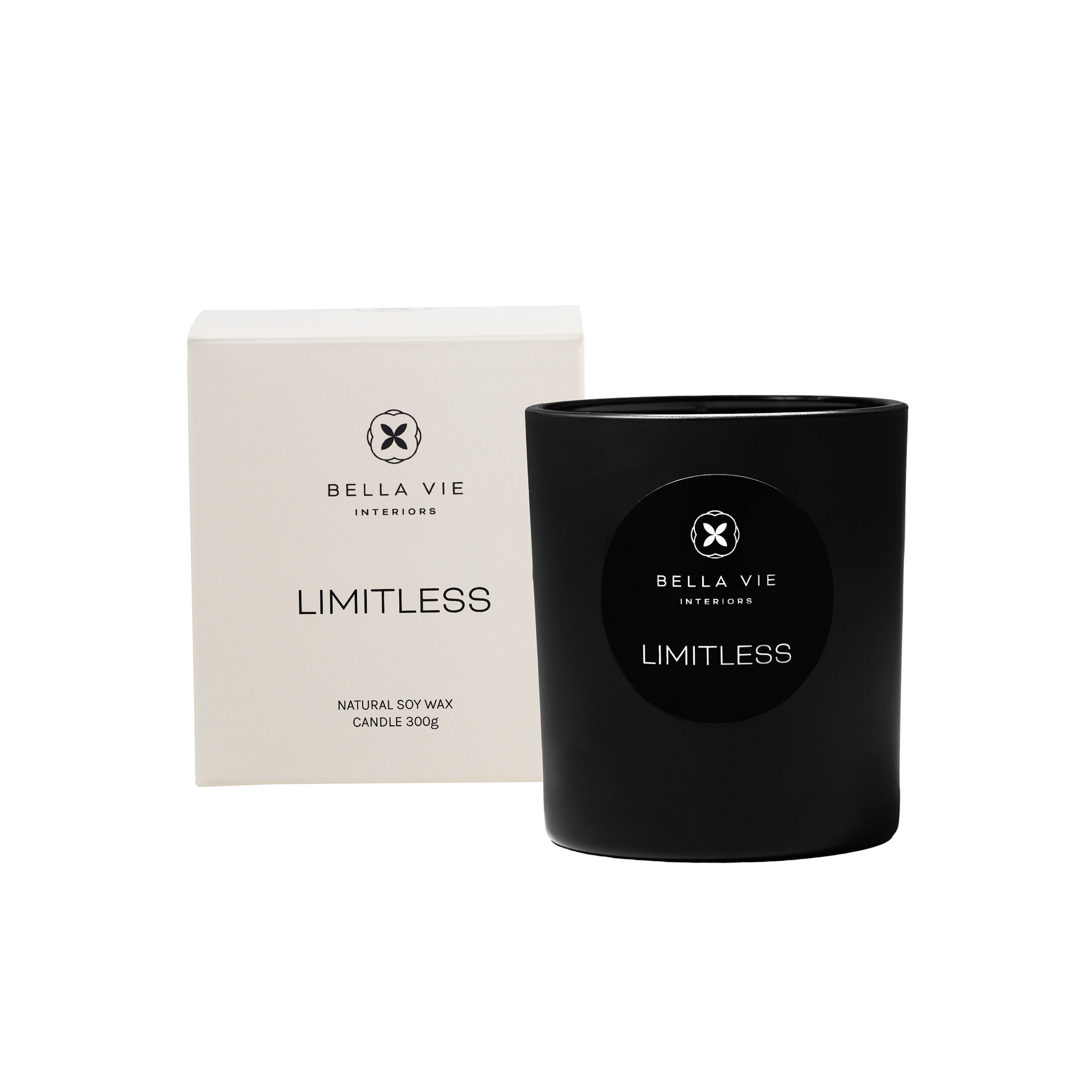LIMITLESS – Frankincense & Myrrh (300g) Natural Soy Candle 2 Bella Vie Interiors Limitless 300g Natural Soy Wax Candle in a Black gloss glass vessel with matching minimal packaging. The box features the Bella Vie logo and the candle name “Timeless” in elegant black typography.
