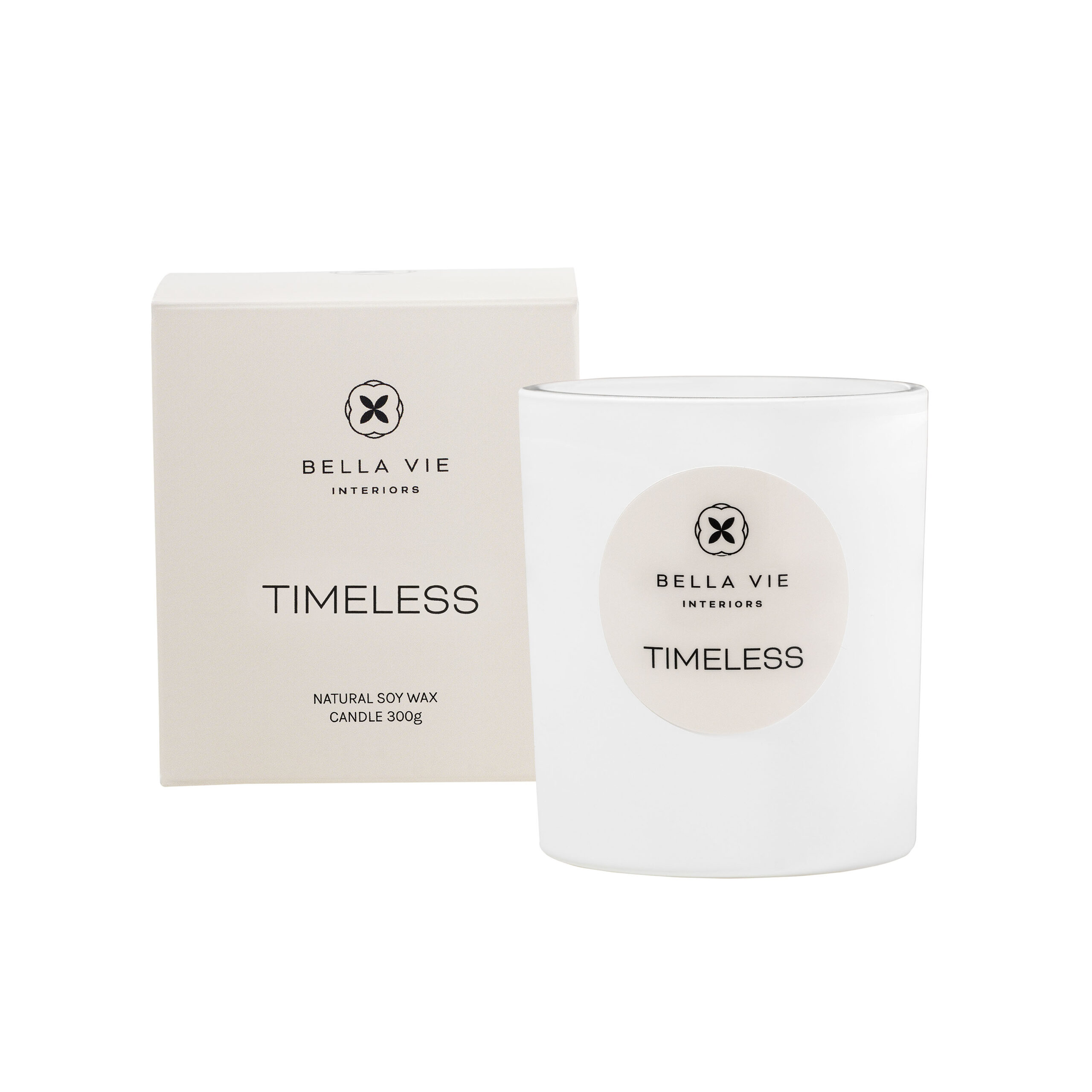 TIMELESS – Amber & Tonka Bean (300g) Natural Soy Candle 1 Bella Vie Interiors Timeless 300g Natural Soy Wax Candle in a white matte glass vessel with matching minimal packaging. The box features the Bella Vie logo and the candle name “Timeless” in elegant black typography.