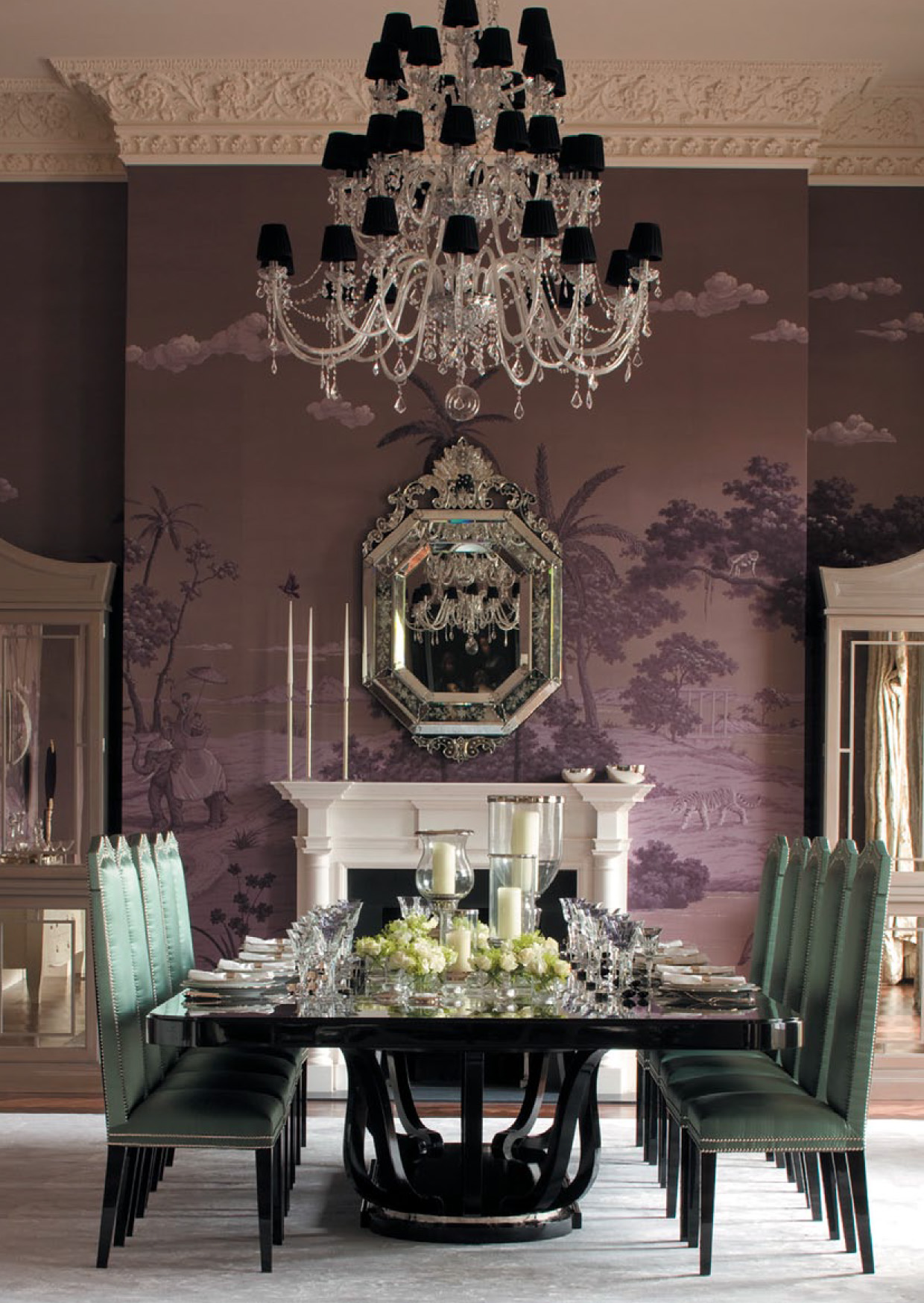 jewel-toned-bold-colour-luxury-dining-room-chandelier-mural