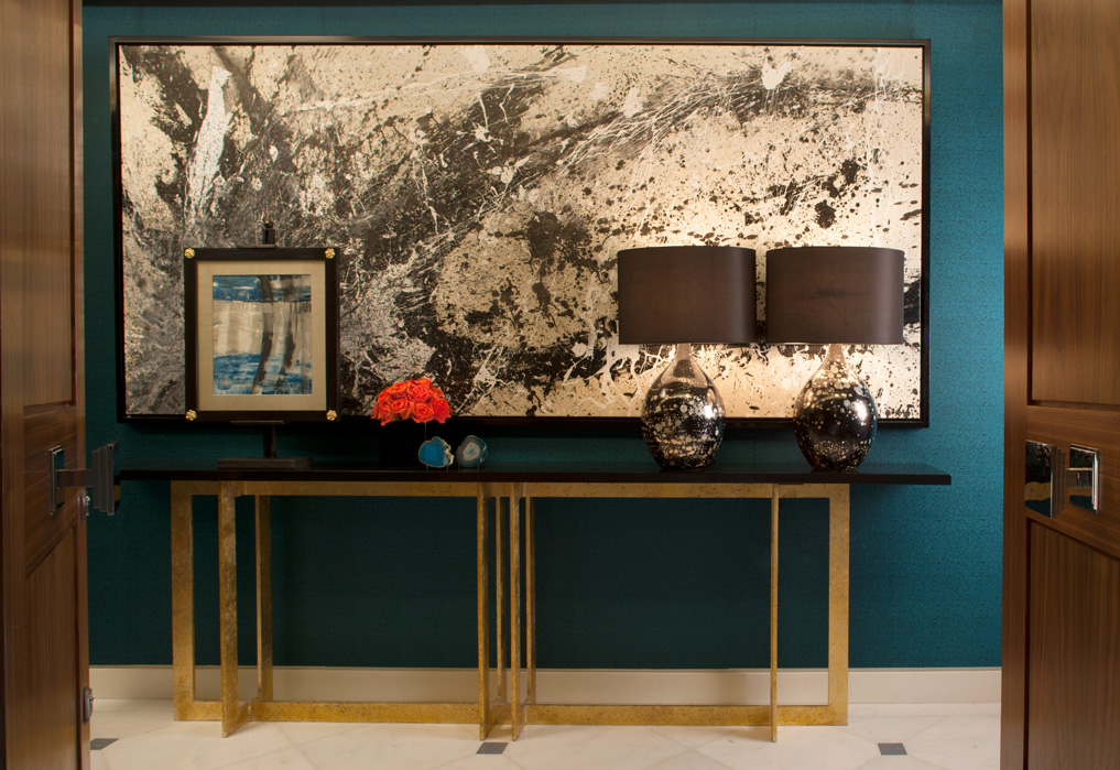 teal-hallway-overscaled-abstract-art-luxury-console-styling